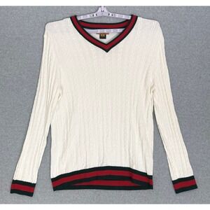 Prestige Original Cable Knit Sweater Mens 2XL White Red Green V-Neck Preppy READ